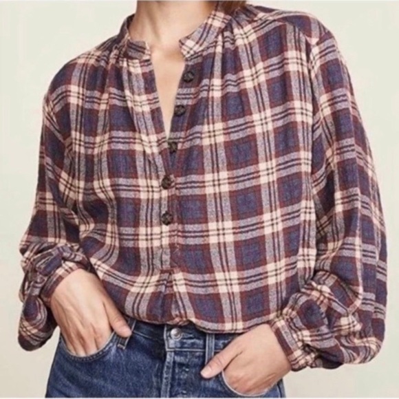 Free People Plaid Northern Bound Flannel Henley top size XS - Picture 1 of 11